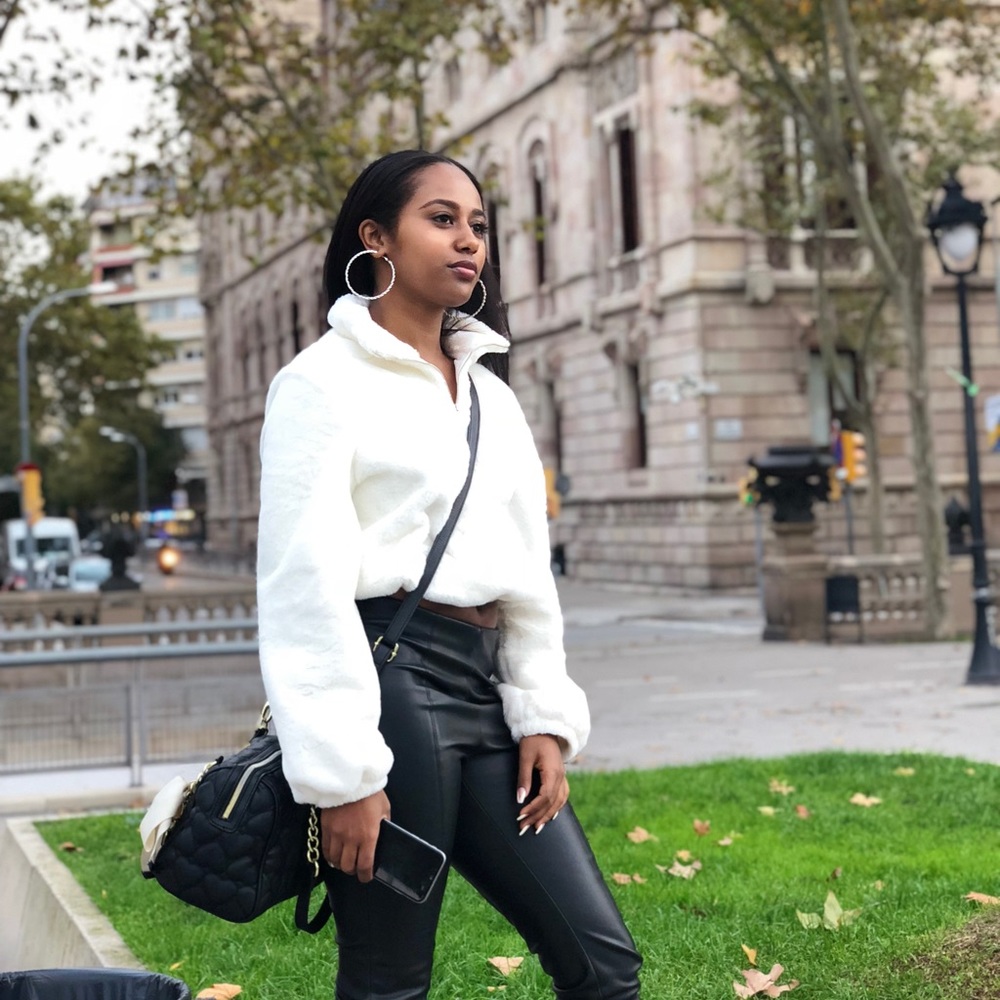 White Fur Half Zip Pullover Sweater